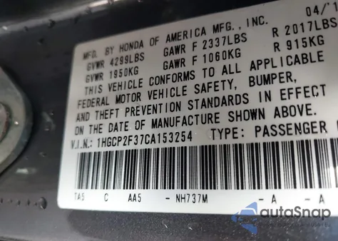 2012 Honda Accord 2.4 Lx z USA, uszkodzony, nr VIN 1HGCP2F37CA153254